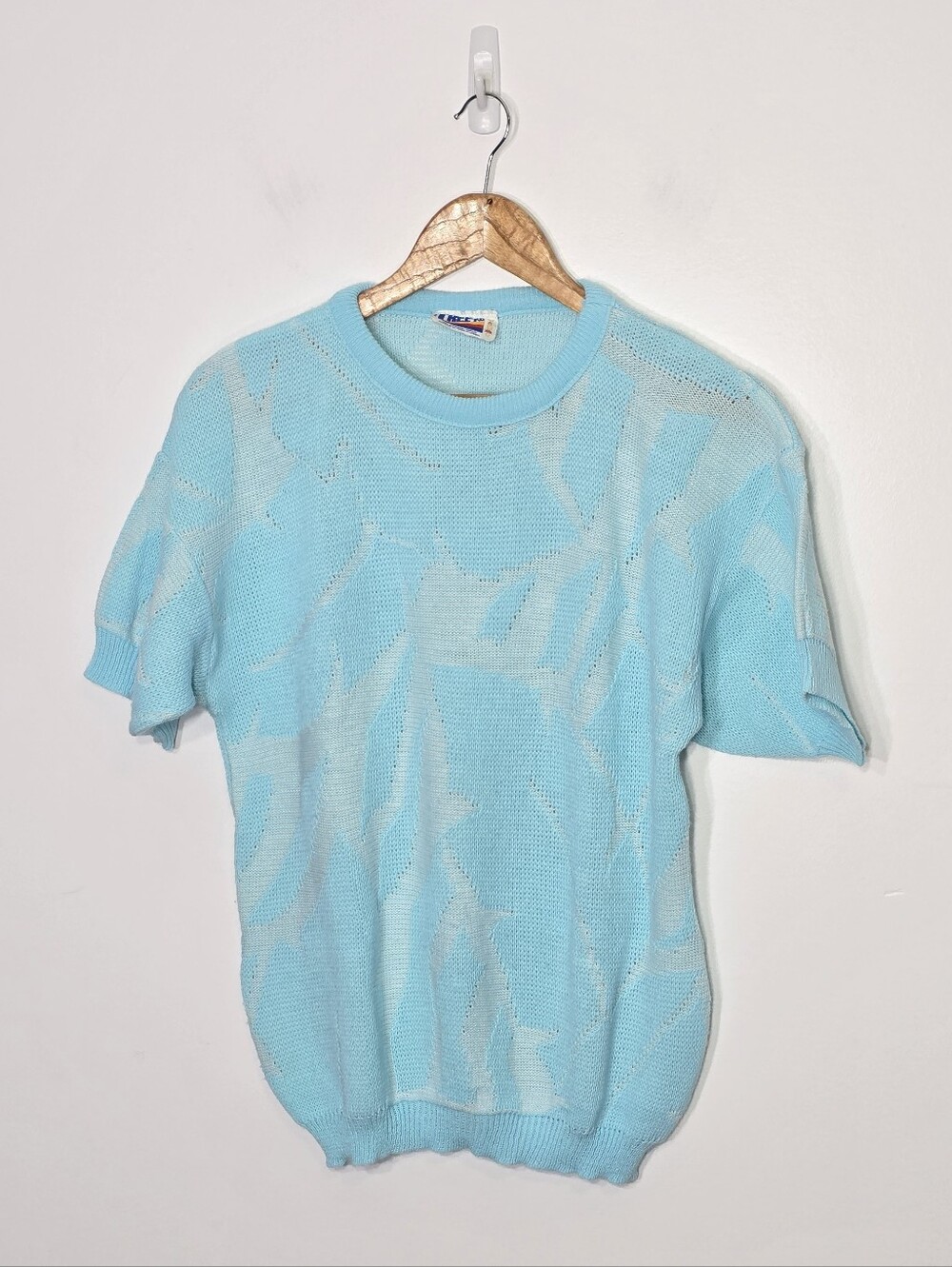 Vintage Tree-KO Blue Retro Knitted Short Sleeve Pull Over Sweater Made In Canada